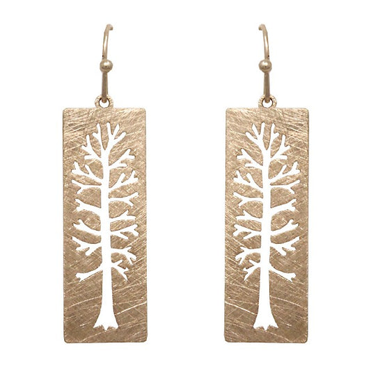Rectangle w/ Cutout Tree Gold Earrings