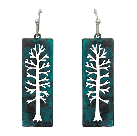 Rectangle w/ Cutout Tree Patina Earrings
