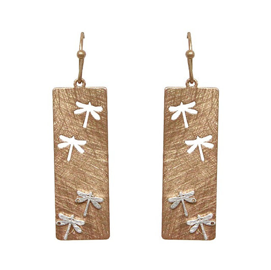 Rectangle w/ Cutout Dragonflies Gold Earrings