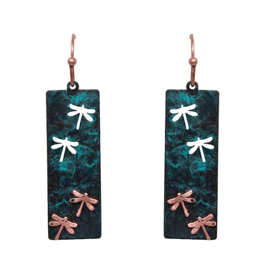Rectangle w/ Cutout Dragonflies Patina Earrings