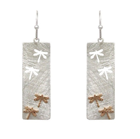 Rectangle w/ Cutout Dragonflies Silver Earrings