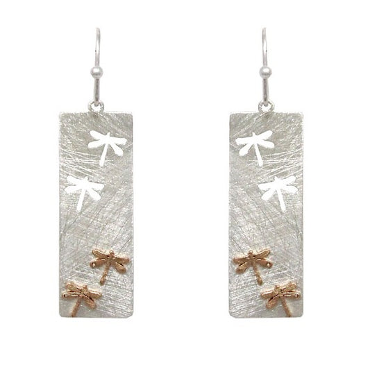 Rectangle w/ Cutout Dragonflies Silver Earrings