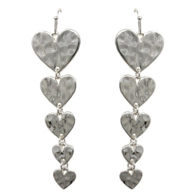 String Of Hammered Hearts Earrings - Silver