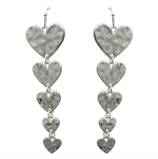 String Of Hammered Hearts Earrings - Silver