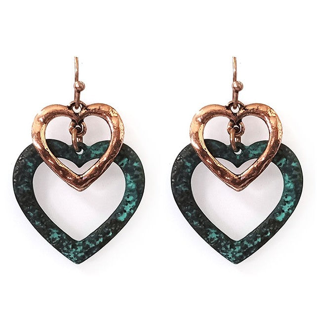 Double Hearts - Patina & Copper Earrings