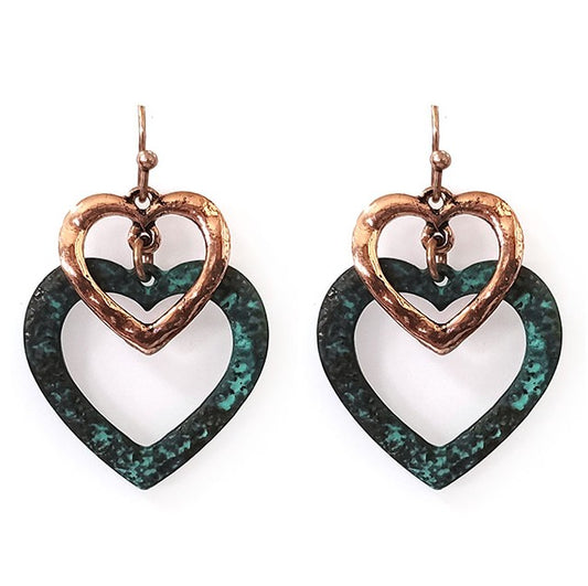 Double Hearts - Patina & Copper Earrings