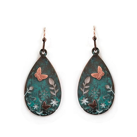 Butterflies & Flowers Teardrop - Patina - Earrings