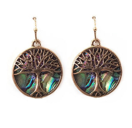 Tree Of Life - Circle - Abalone - Gold  - Earrings