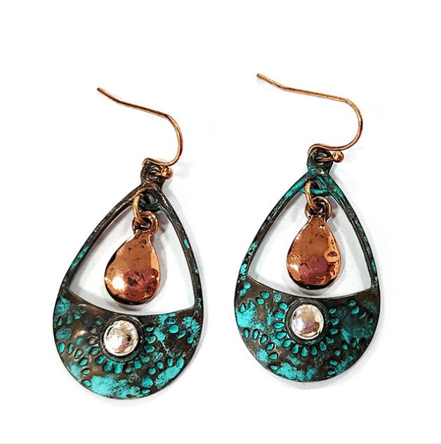 Cutout Teardrop w/ Dangle - Patina & Copper - Earrings
