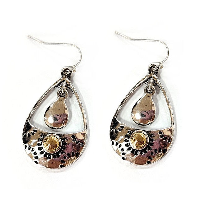 Cutout Teardrop w/ Dangle - Silver & Gold - Earrings