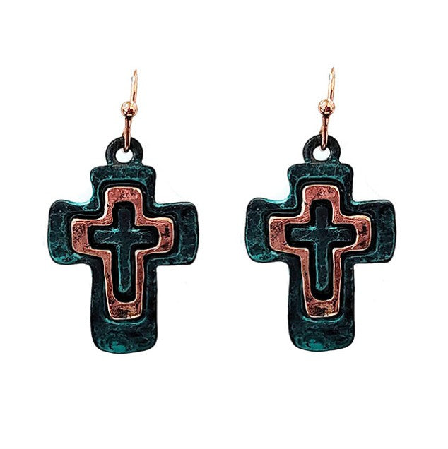 Triple Lined Cross - Patina & Copper - Earrings