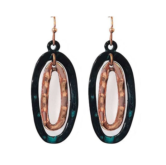 Double Hammered Ovals - Patina  Copper Earrings