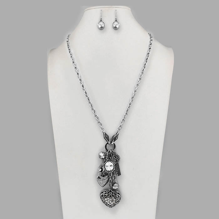 Long Chain w/ Heart Pendants Necklace