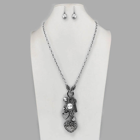 Long Chain w/ Heart Pendants Necklace