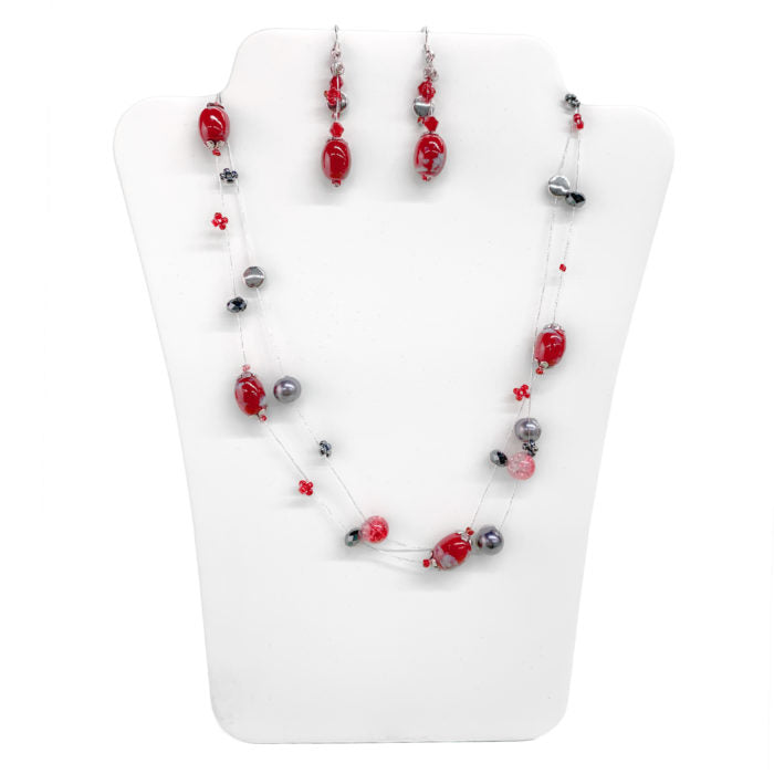 Threaded Grey and Red Oval Bead N/E Set